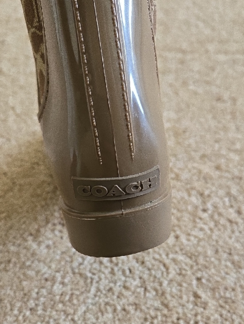 Coach Taupe Glossy Rain Ankle Boots with Pink Stripe - Picture 5 of 6